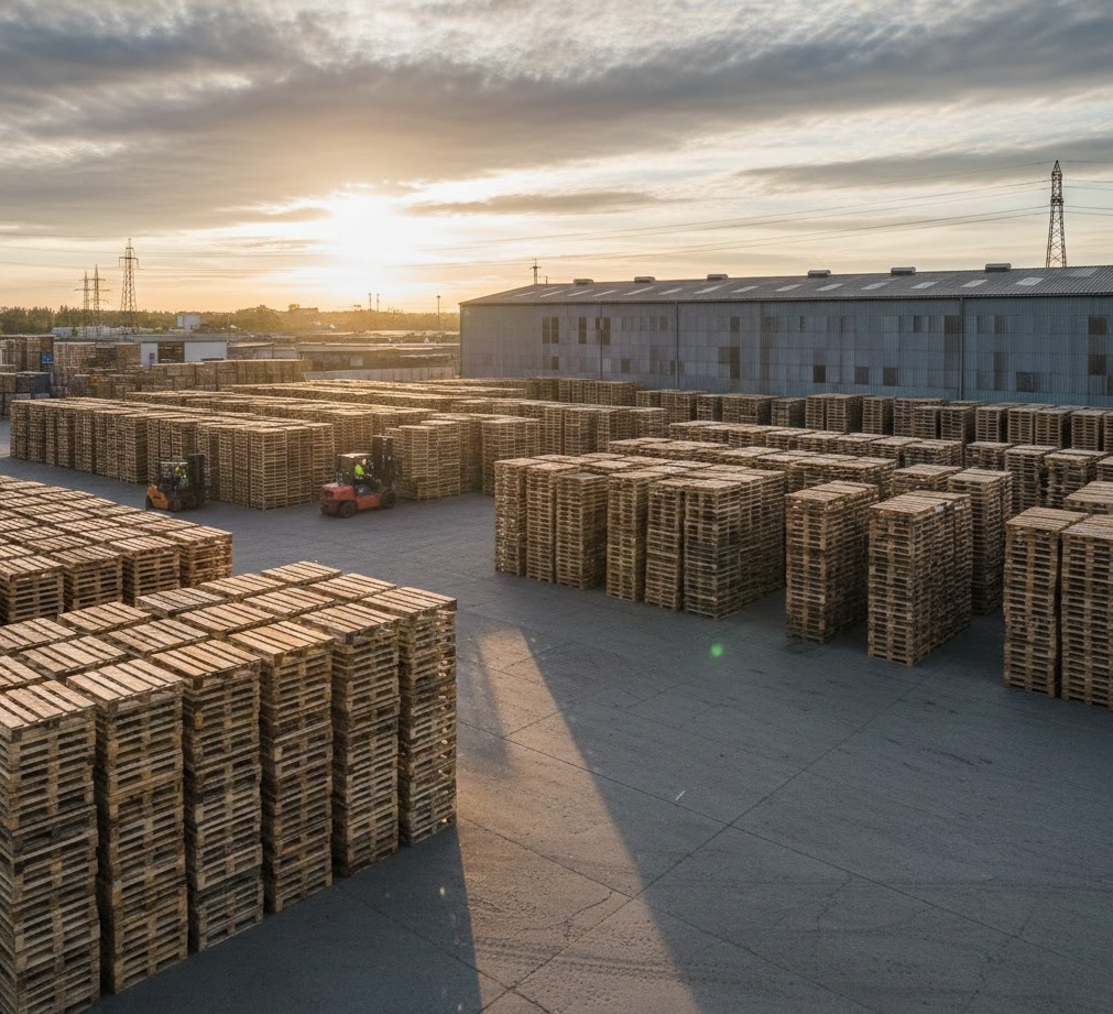 PalletsEco outdoor pallet yard at sunset with forklifts and stacked pallets