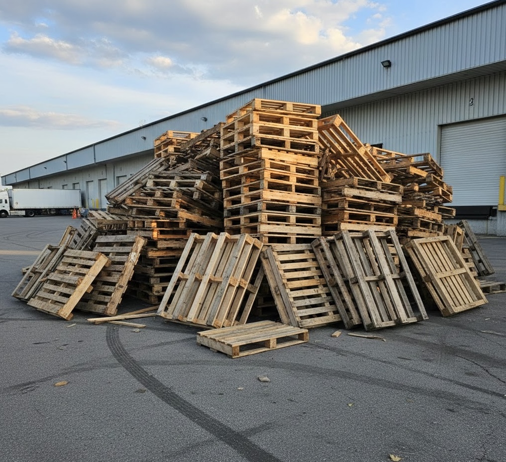 Used pallets collected for recycling at PalletsEco facility
