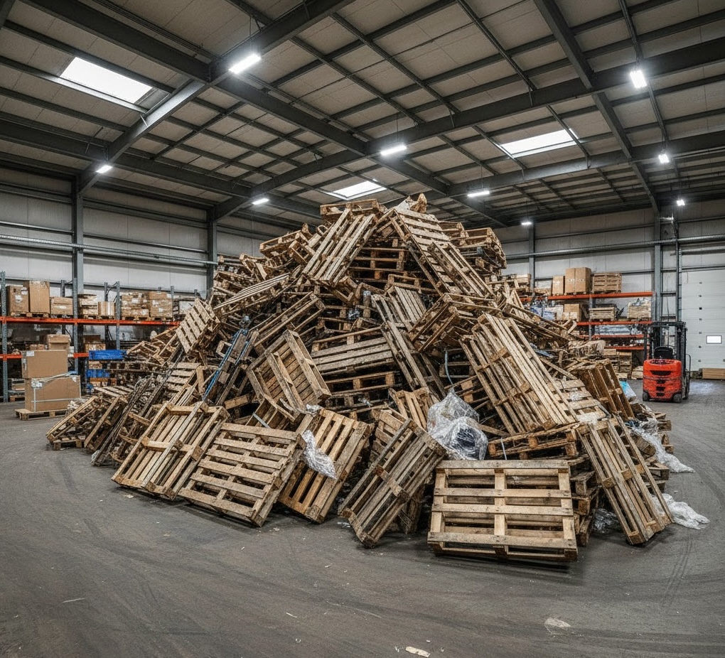 Pallets being processed in recycling facility warehouse